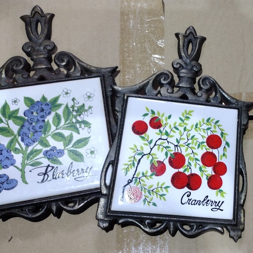 Set of 2 Vintage 1970s Cast Iron Metal Trivets  Blueberry and Cranberry